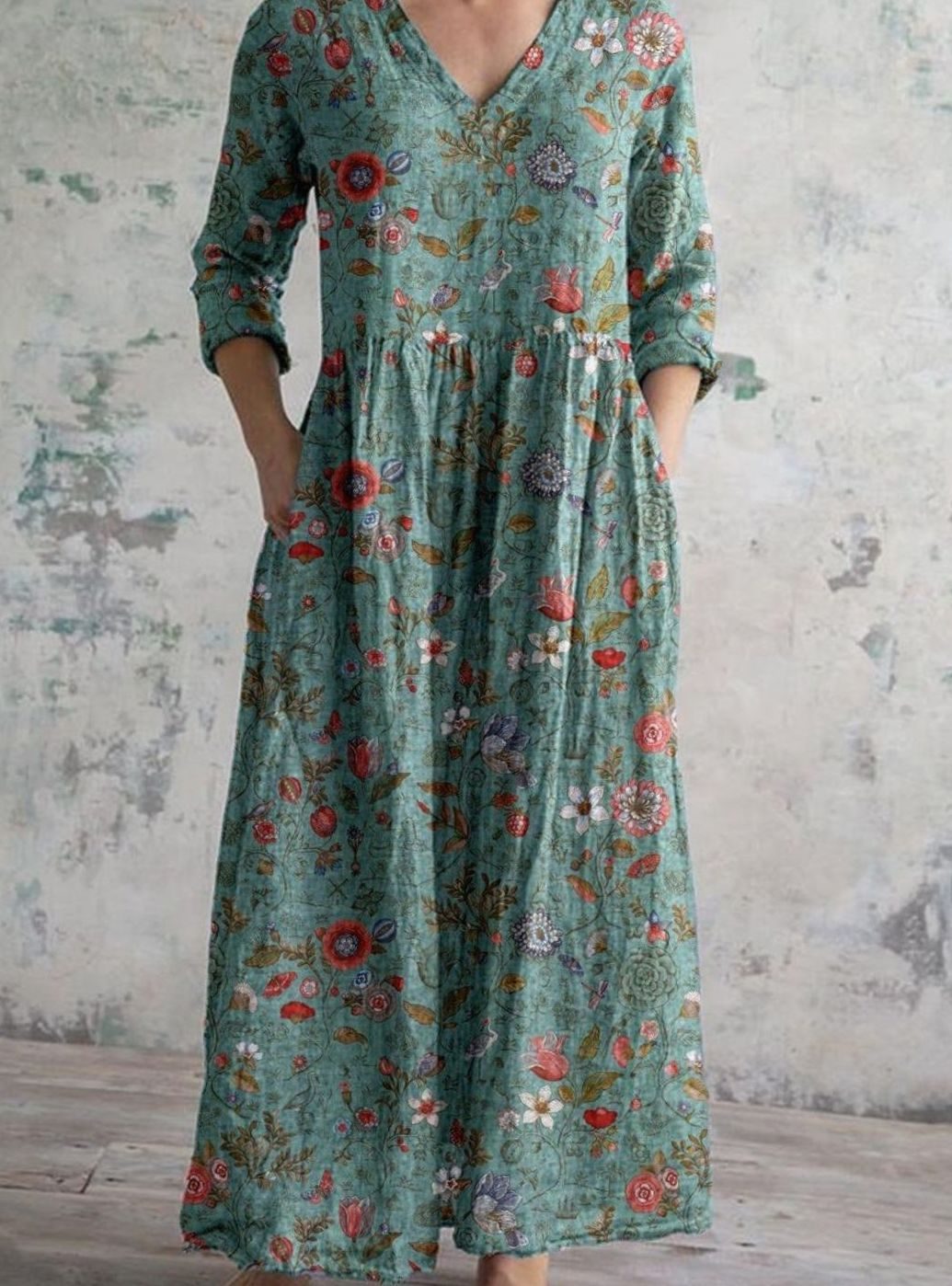 Women's Boho Floral Print V-Neck 3/4 Sleeve Midi Dress