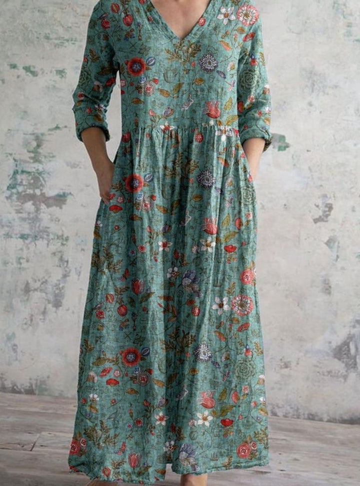 Women's Boho Floral Print V-Neck 3/4 Sleeve Midi Dress