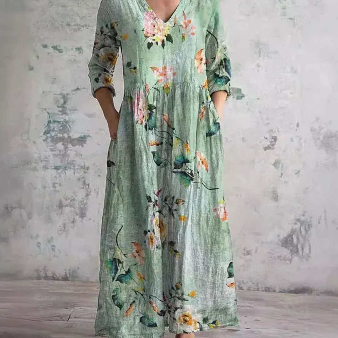 Women's Boho Floral Print V-Neck 3/4 Sleeve Midi Dress - Light Green