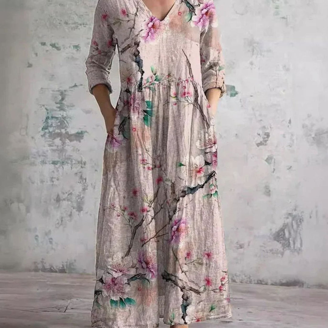 Women's Boho Floral Print V-Neck 3/4 Sleeve Midi Dress - Pink