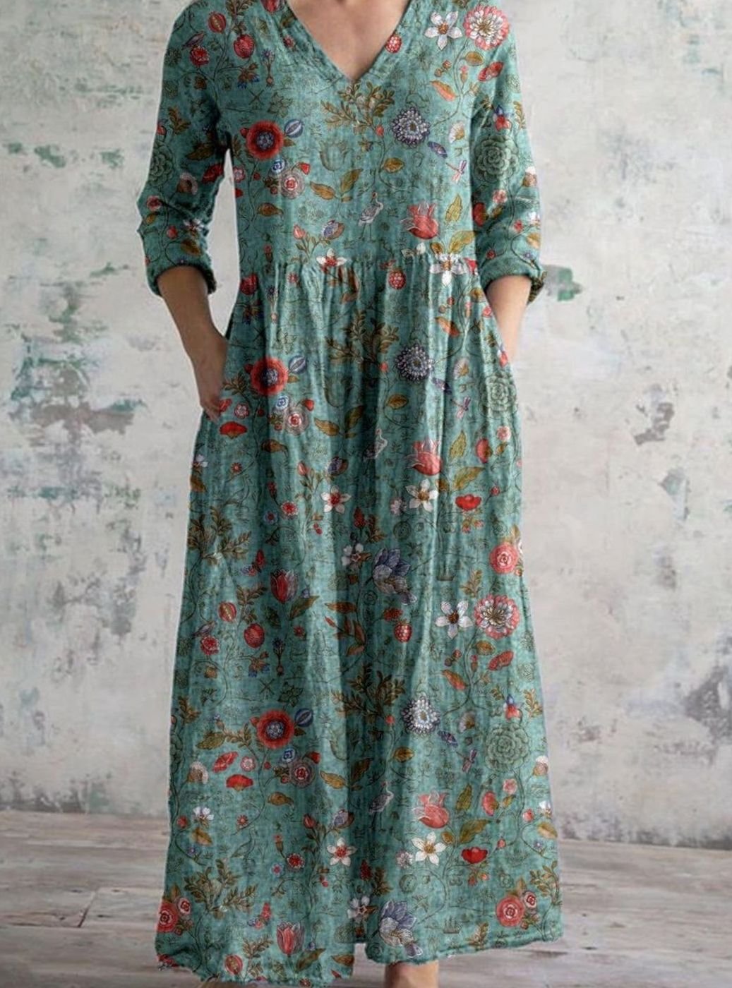Women's Boho Floral Print V-Neck 3/4 Sleeve Midi Dress