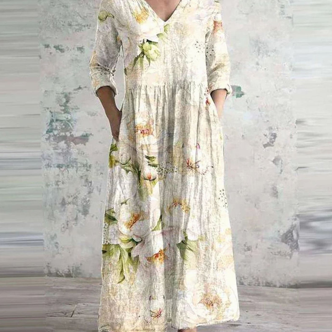 Women's Boho Floral Print V-Neck 3/4 Sleeve Midi Dress