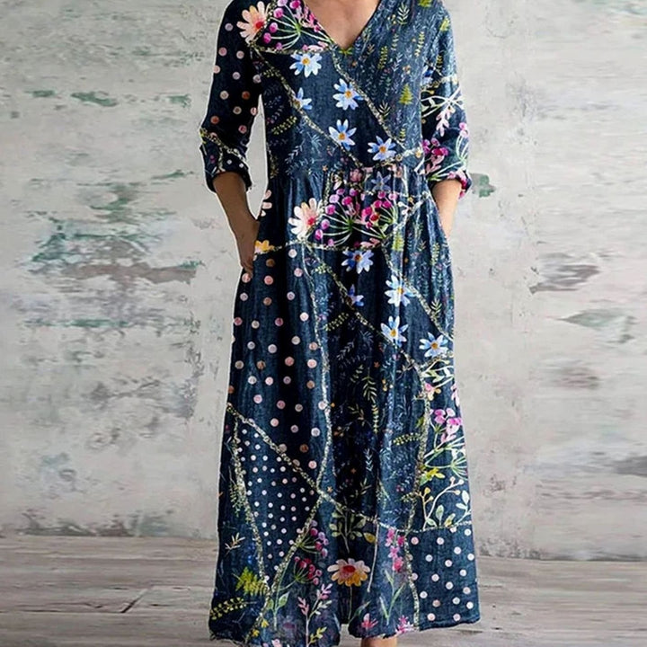 Women's Boho Floral Print V-Neck 3/4 Sleeve Midi Dress
