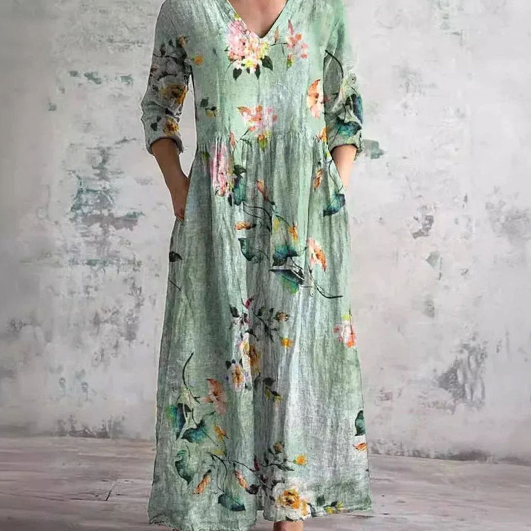 Women's Boho Floral Print V-Neck 3/4 Sleeve Midi Dress