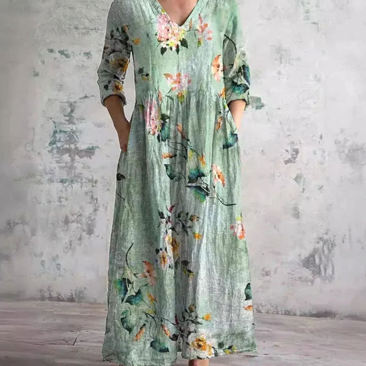Women's Boho Floral Print V-Neck 3/4 Sleeve Midi Dress