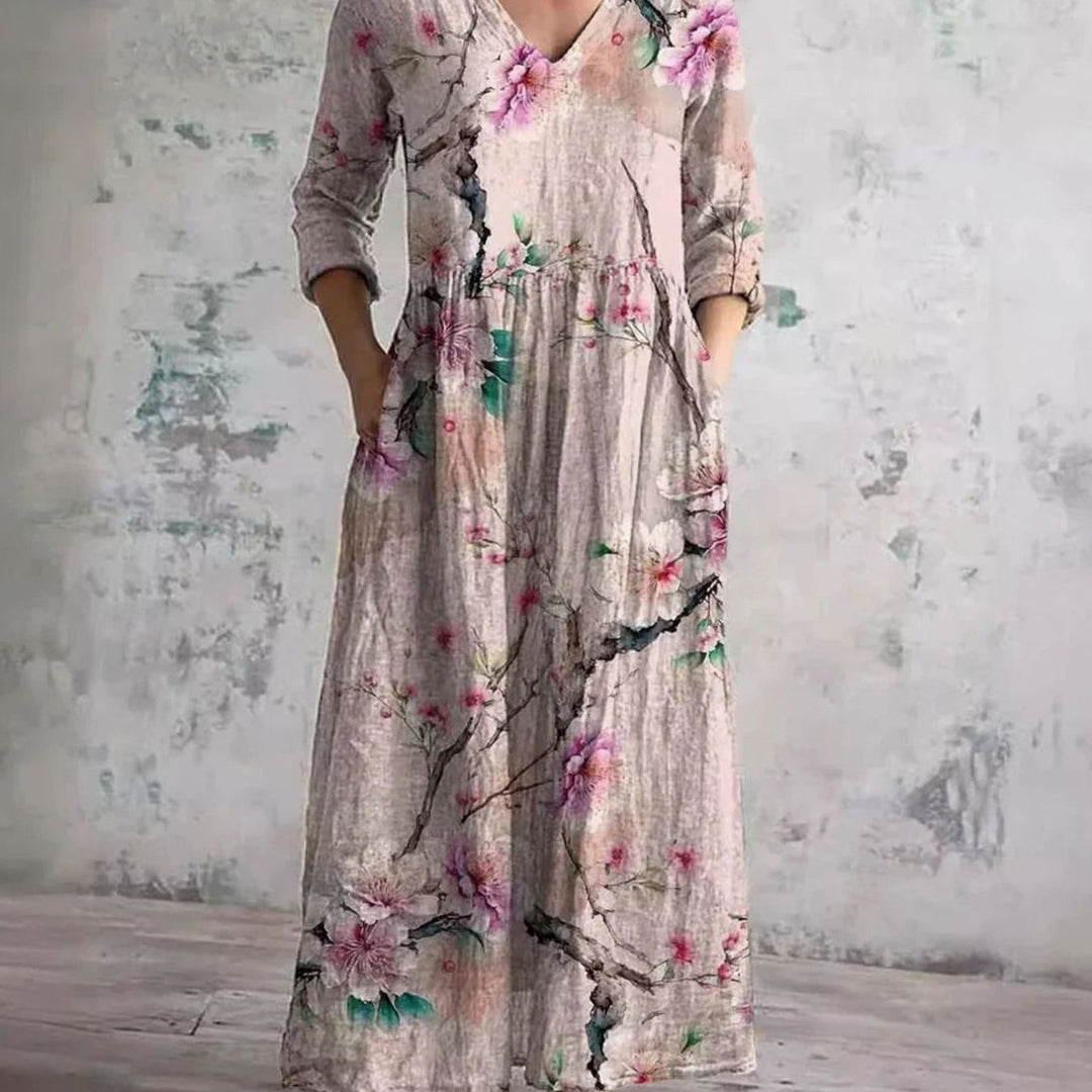 Women's Boho Floral Print V-Neck 3/4 Sleeve Midi Dress