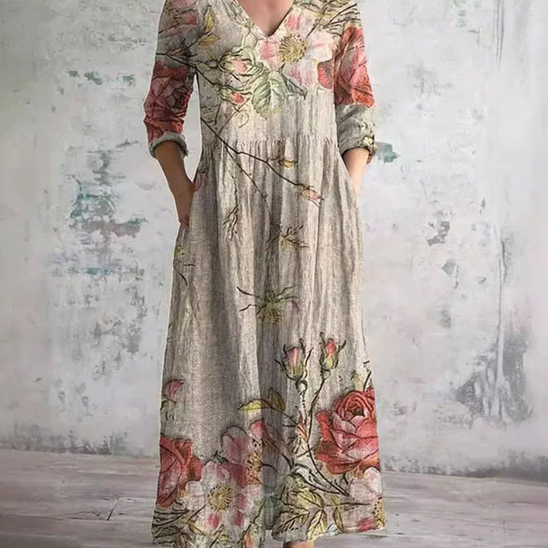 Women's Boho Floral Print V-Neck 3/4 Sleeve Midi Dress