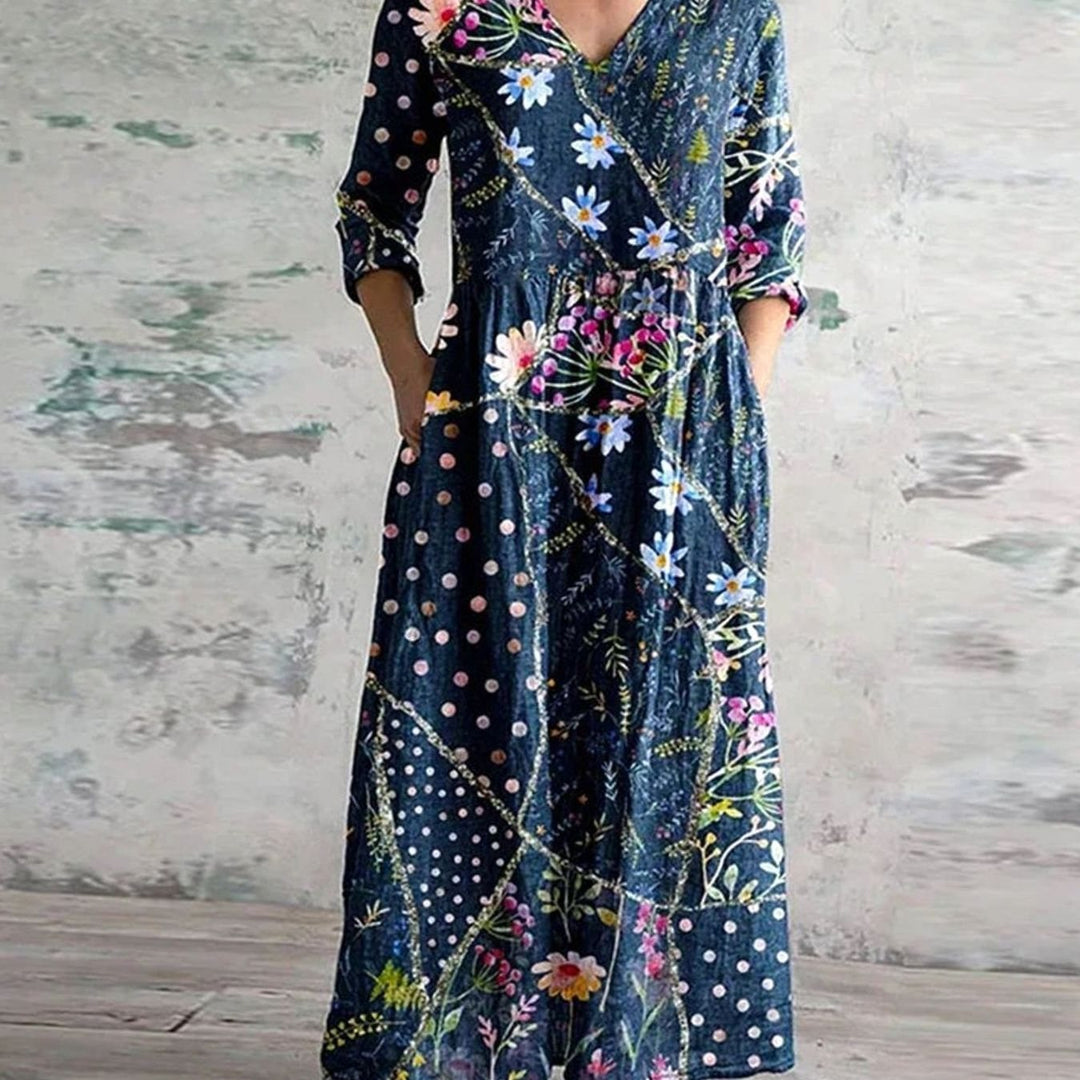 Women's Boho Floral Print V-Neck 3/4 Sleeve Midi Dress