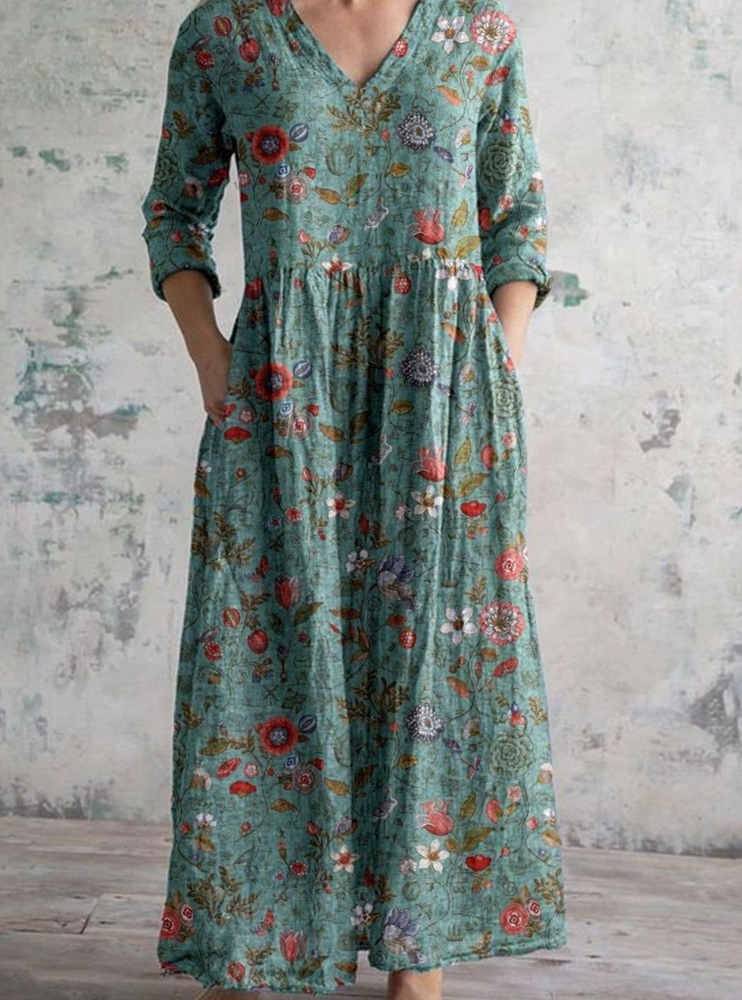 Women's Boho Floral Print V-Neck 3/4 Sleeve Midi Dress - Green