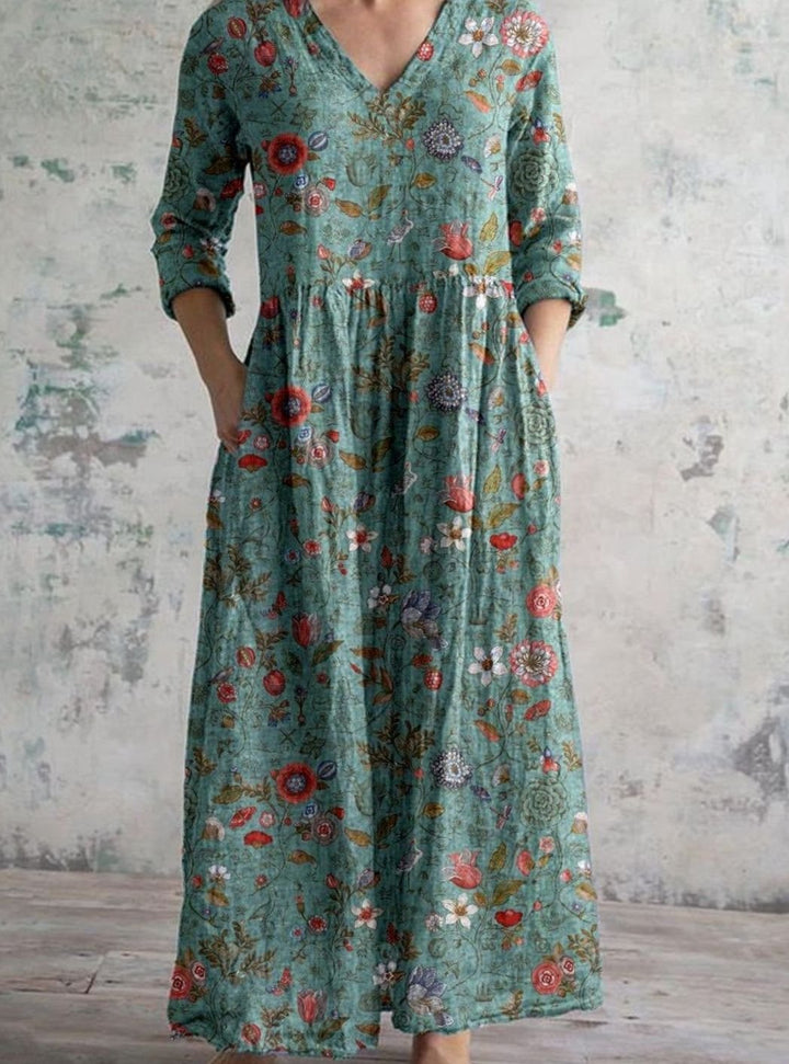 Women's Boho Floral Print V-Neck 3/4 Sleeve Midi Dress - Green