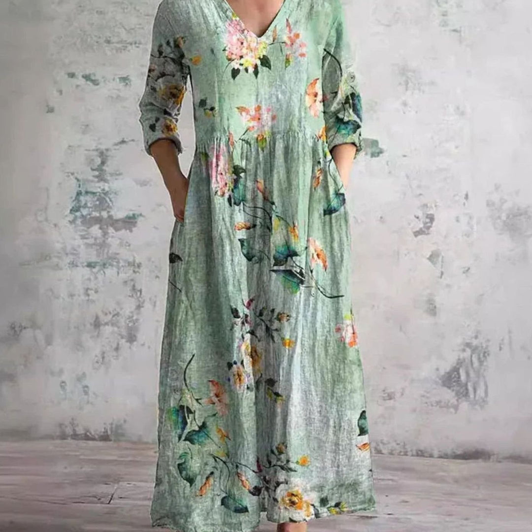 Women's Boho Floral Print V-Neck 3/4 Sleeve Midi Dress