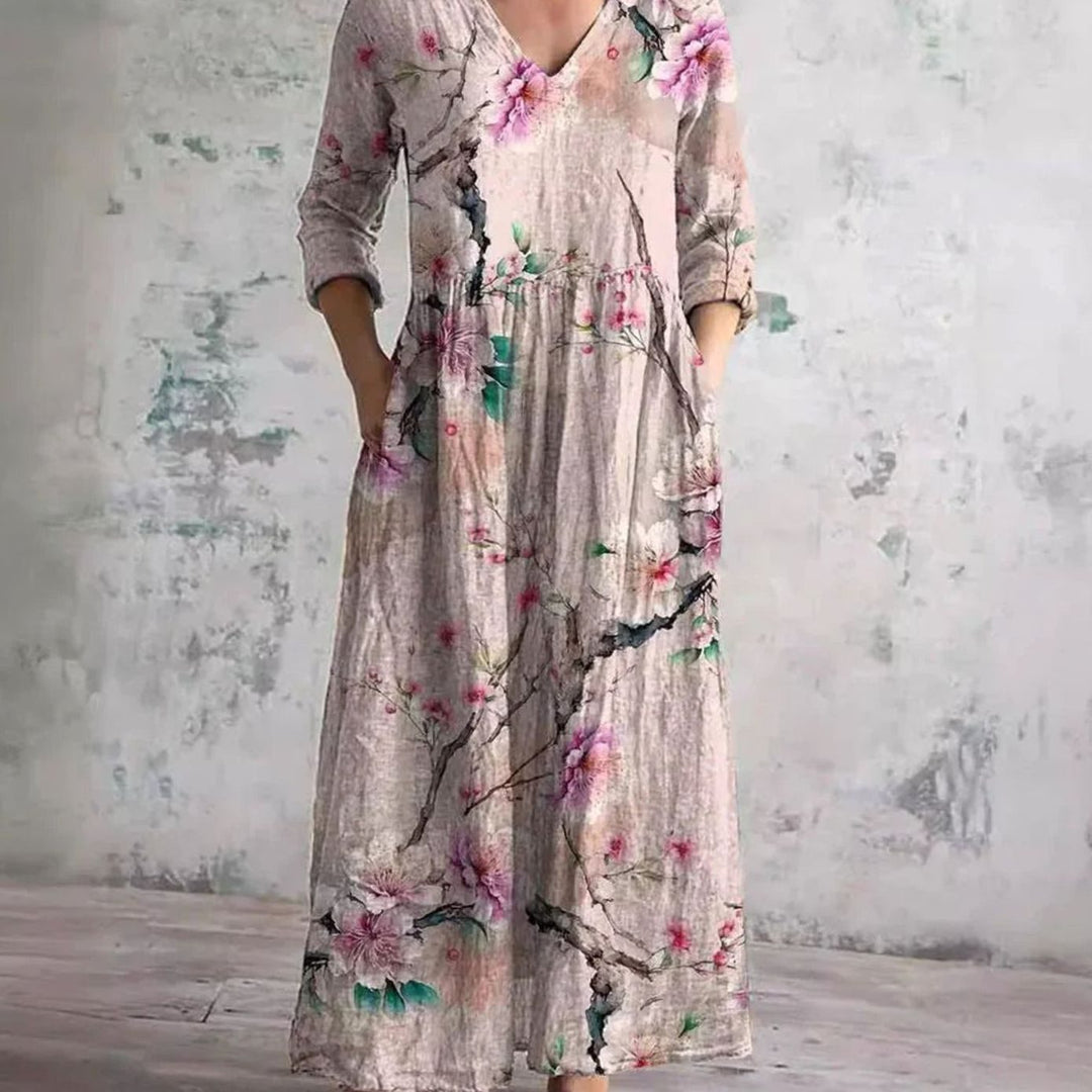 Women's Boho Floral Print V-Neck 3/4 Sleeve Midi Dress