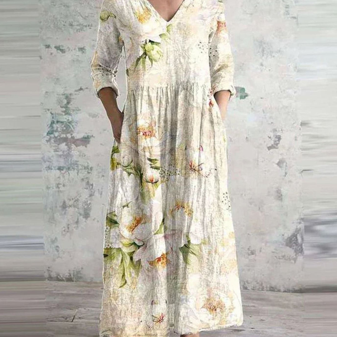 Women's Boho Floral Print V-Neck 3/4 Sleeve Midi Dress
