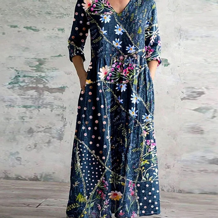 Women's Boho Floral Print V-Neck 3/4 Sleeve Midi Dress