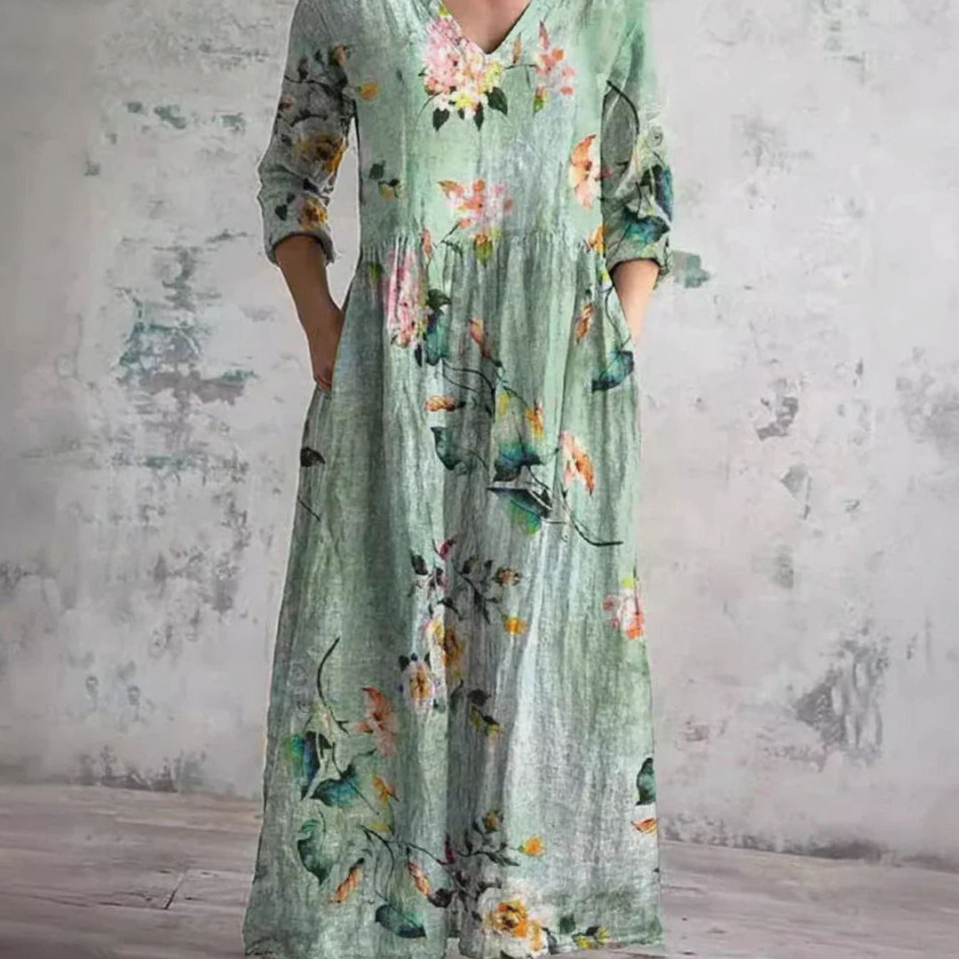 Women's Boho Floral Print V-Neck 3/4 Sleeve Midi Dress