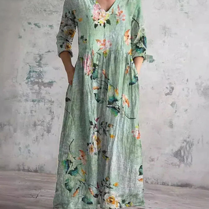 Women's Boho Floral Print V-Neck 3/4 Sleeve Midi Dress
