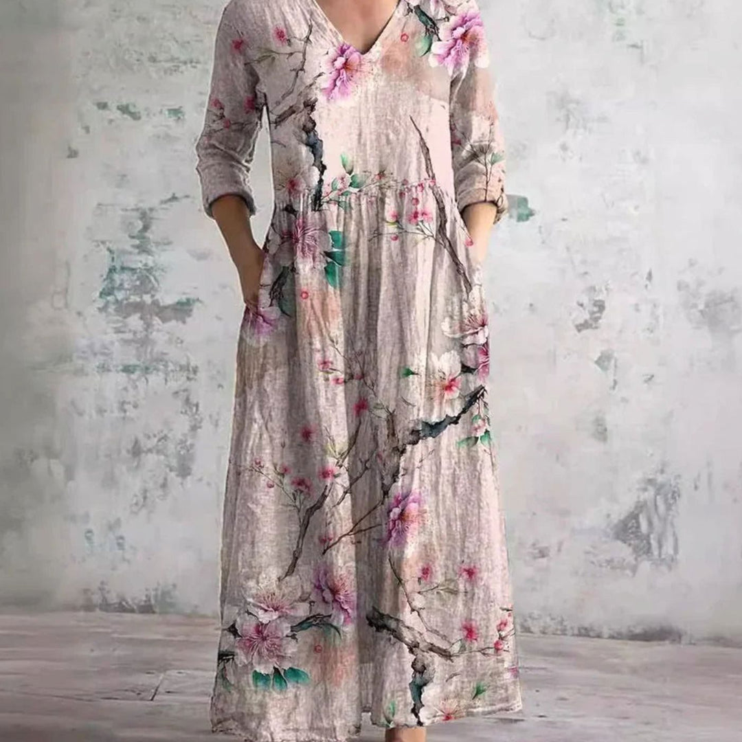 Women's Boho Floral Print V-Neck 3/4 Sleeve Midi Dress