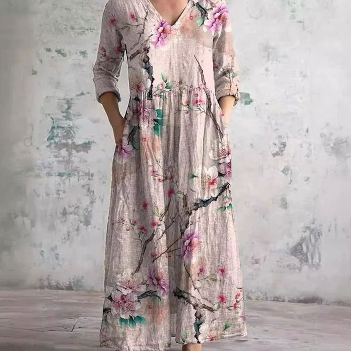 Women's Boho Floral Print V-Neck 3/4 Sleeve Midi Dress