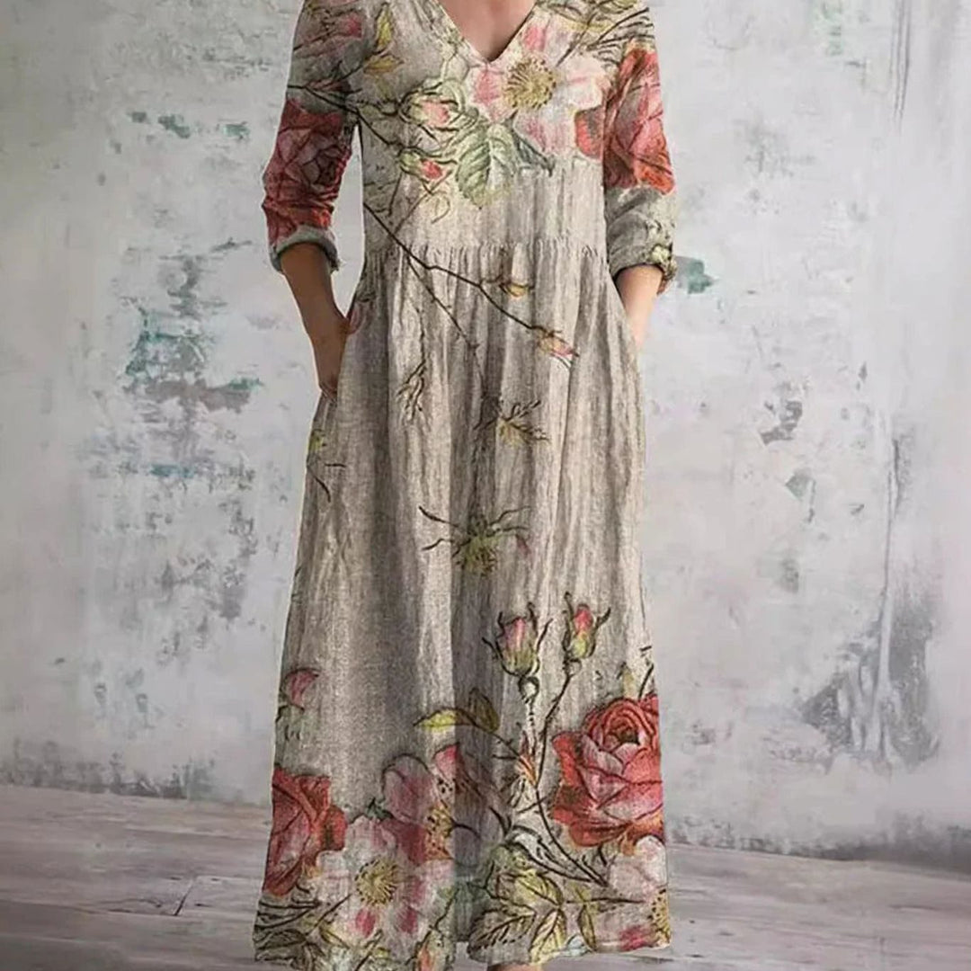 Women's Boho Floral Print V-Neck 3/4 Sleeve Midi Dress