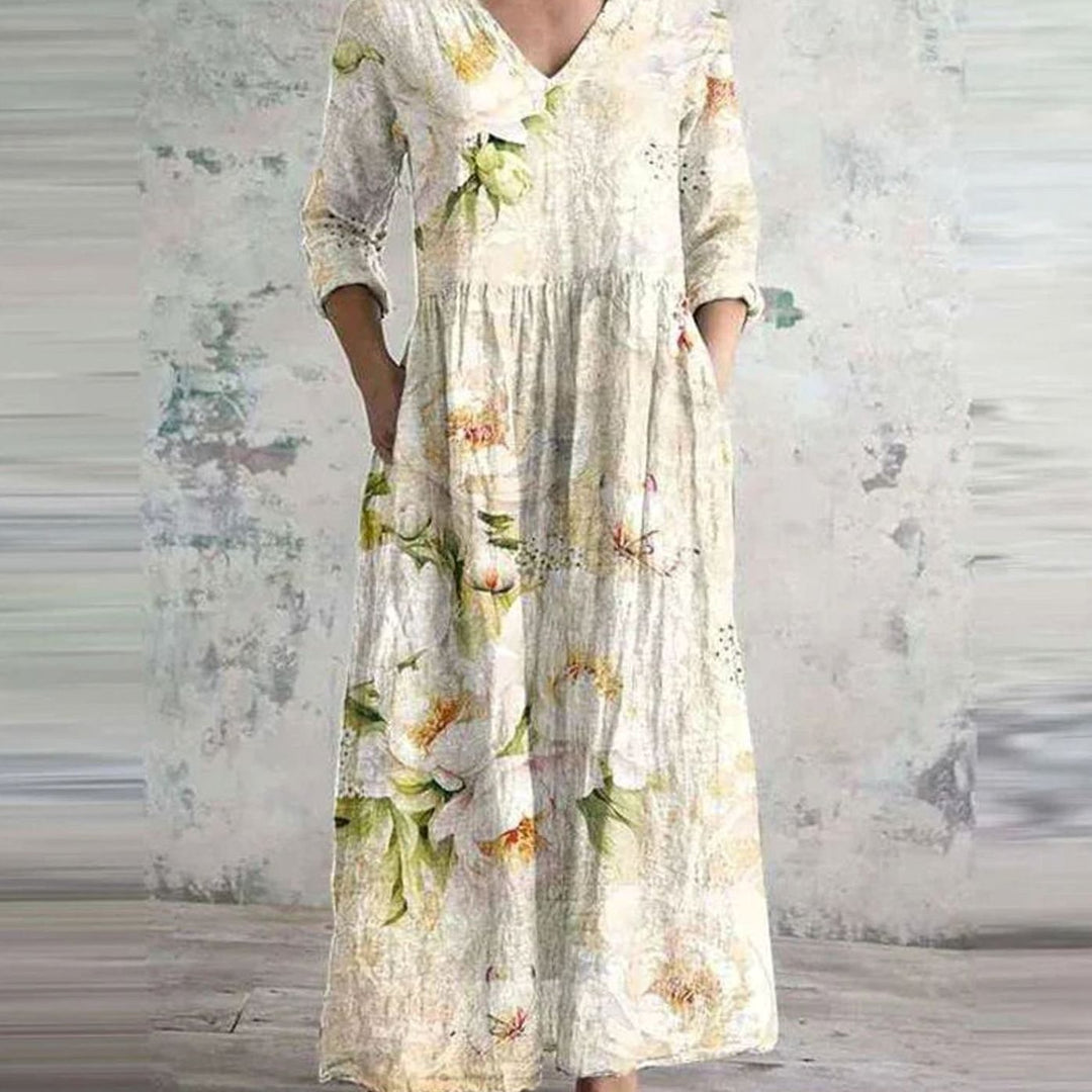 Women's Boho Floral Print V-Neck 3/4 Sleeve Midi Dress