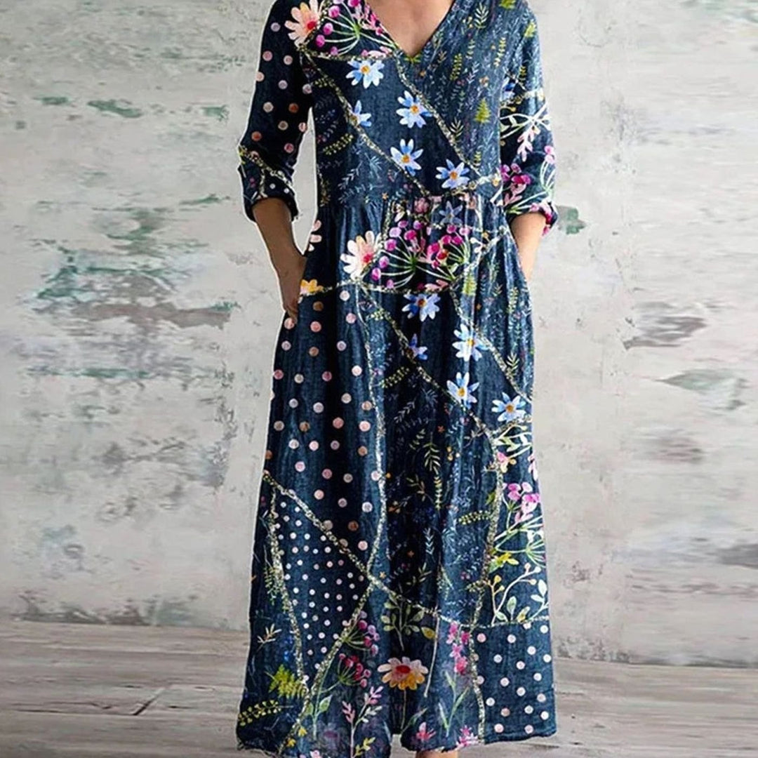 Women's Boho Floral Print V-Neck 3/4 Sleeve Midi Dress