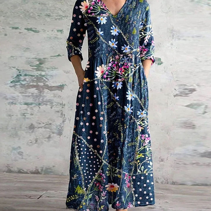 Women's Boho Floral Print V-Neck 3/4 Sleeve Midi Dress