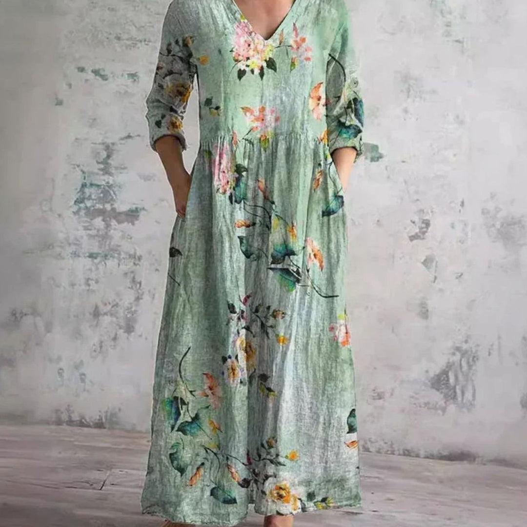 Women's Boho Floral Print V-Neck 3/4 Sleeve Midi Dress