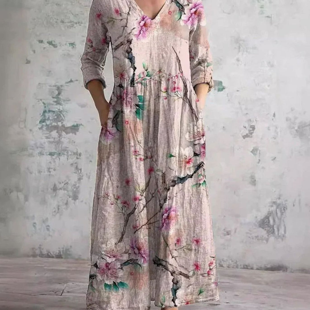 Women's Boho Floral Print V-Neck 3/4 Sleeve Midi Dress