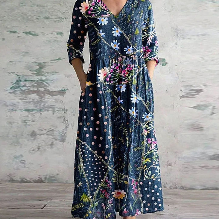Women's Boho Floral Print V-Neck 3/4 Sleeve Midi Dress
