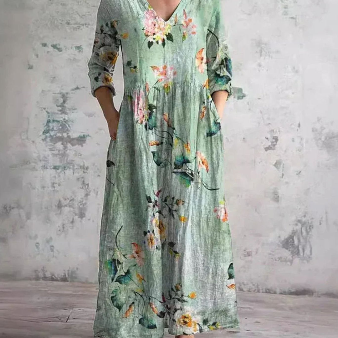 Women's Boho Floral Print V-Neck 3/4 Sleeve Midi Dress