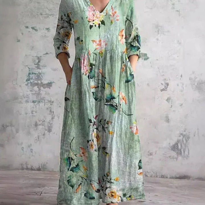 Women's Boho Floral Print V-Neck 3/4 Sleeve Midi Dress