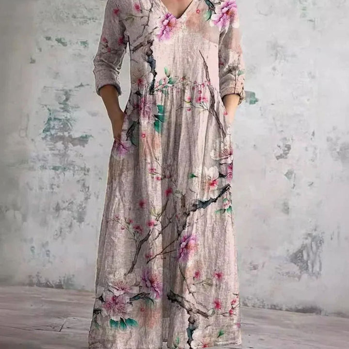 Women's Boho Floral Print V-Neck 3/4 Sleeve Midi Dress