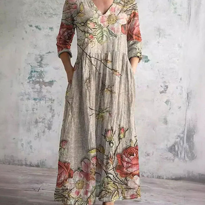 Women's Boho Floral Print V-Neck 3/4 Sleeve Midi Dress - Beige