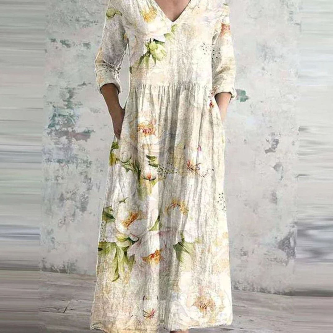 Women's Boho Floral Print V-Neck 3/4 Sleeve Midi Dress - White