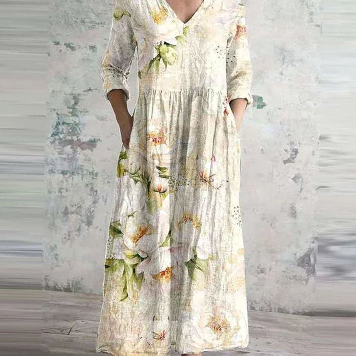 Women's Boho Floral Print V-Neck 3/4 Sleeve Midi Dress - White