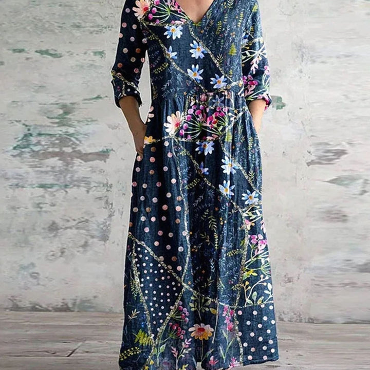 Women's Boho Floral Print V-Neck 3/4 Sleeve Midi Dress - Blue