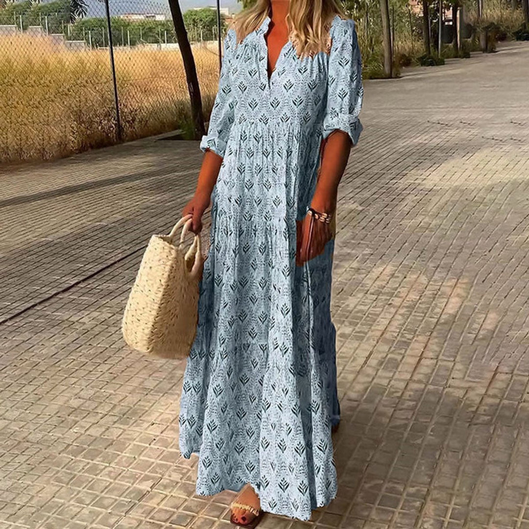 Women's Boho Floral Print V-Neck Maxi Cocktail Party Dress - Blue