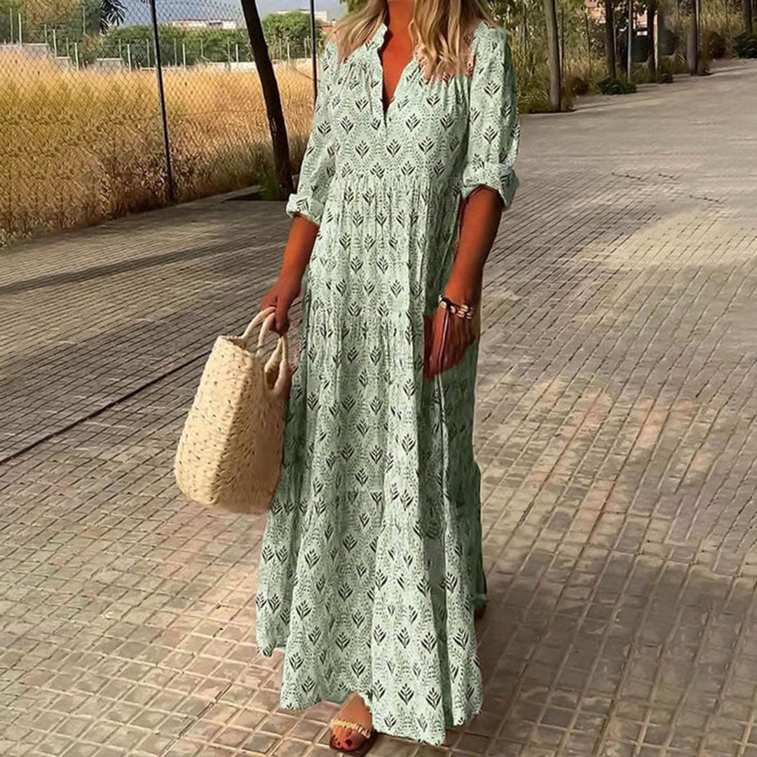 Women's Boho Floral Print V-Neck Maxi Cocktail Party Dress - Green