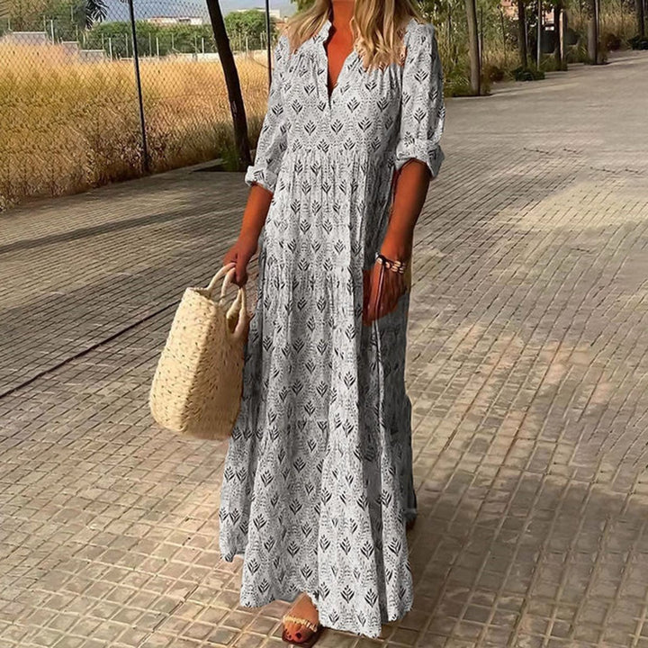 Women's Boho Floral Print V-Neck Maxi Cocktail Party Dress - Gray