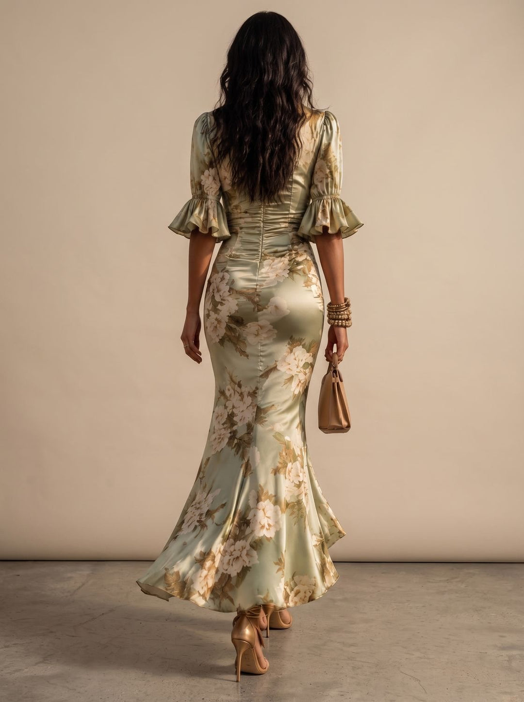 Women's Boho Floral Ruched V-Neck Midi Maxi Dress