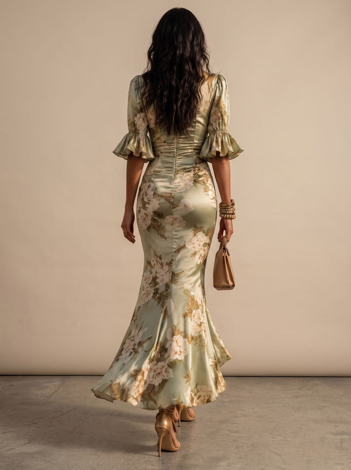 Women's Boho Floral Ruched V-Neck Midi Maxi Dress