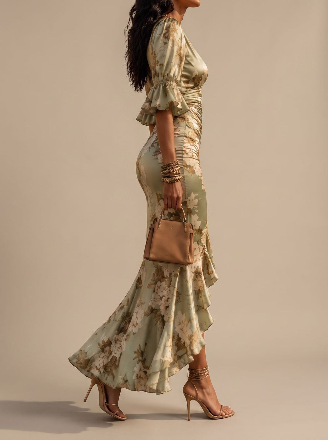 Women's Boho Floral Ruched V-Neck Midi Maxi Dress