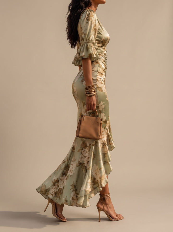 Women's Boho Floral Ruched V-Neck Midi Maxi Dress