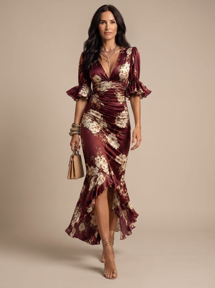 Women's Boho Floral Ruched V-Neck Midi Maxi Dress - Red Floral