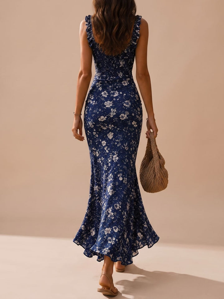 Women's Boho Floral Smocked Ruffle-Strap Maxi Dress Thigh Slit