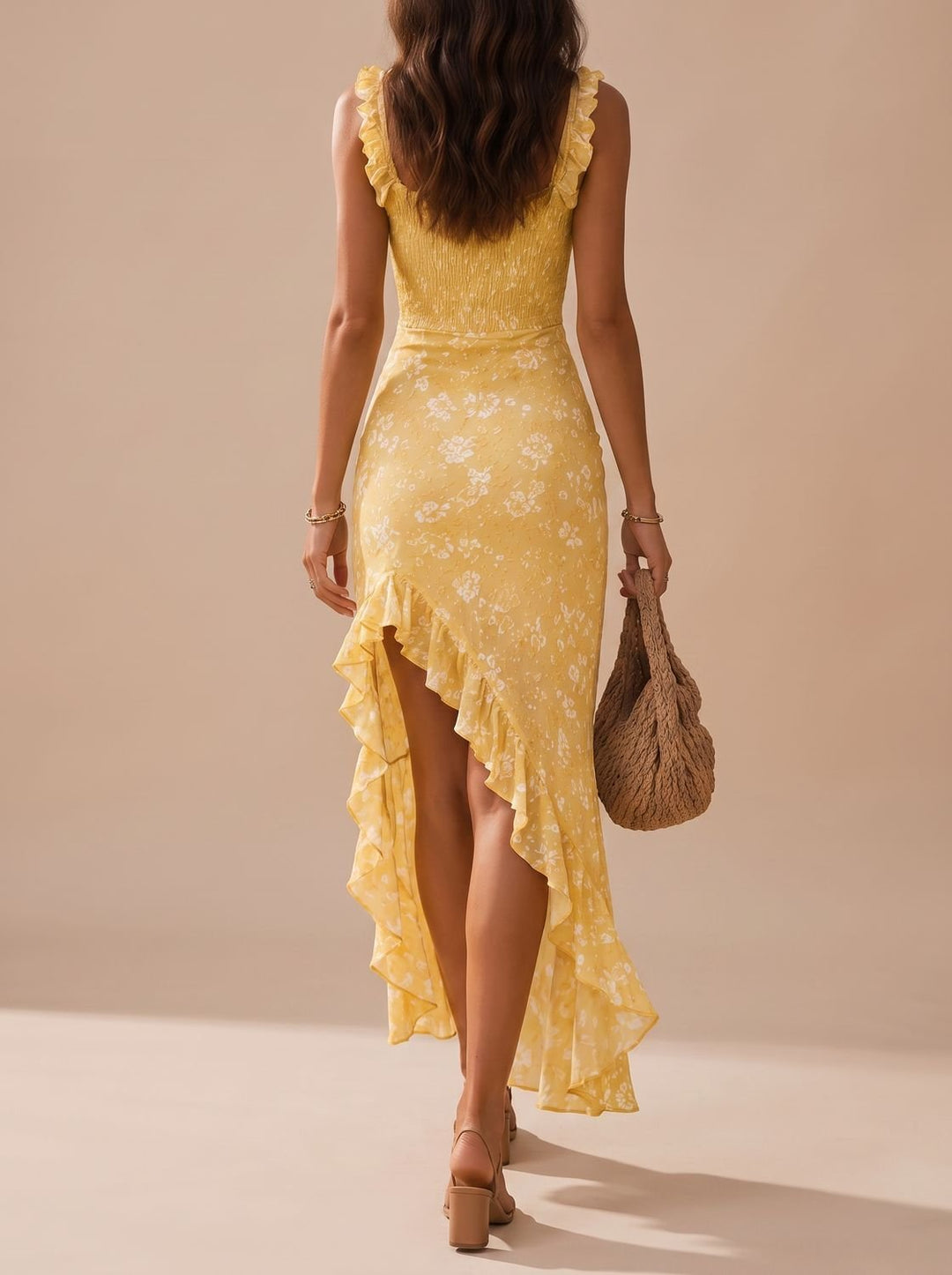 Women's Boho Floral Smocked Ruffle-Strap Maxi Dress Thigh Slit