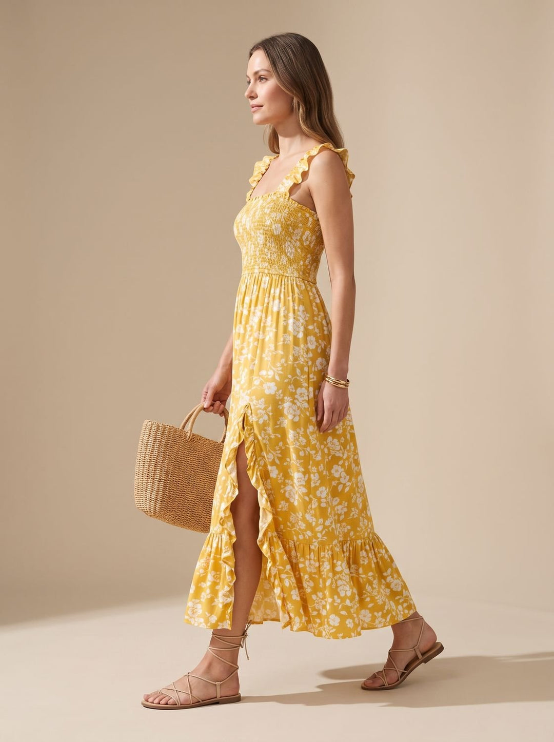 Women's Boho Floral Smocked Ruffle-Strap Maxi Dress Thigh Slit