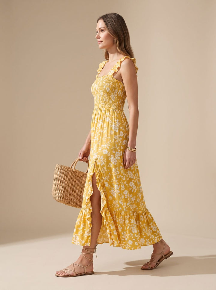 Women's Boho Floral Smocked Ruffle-Strap Maxi Dress Thigh Slit