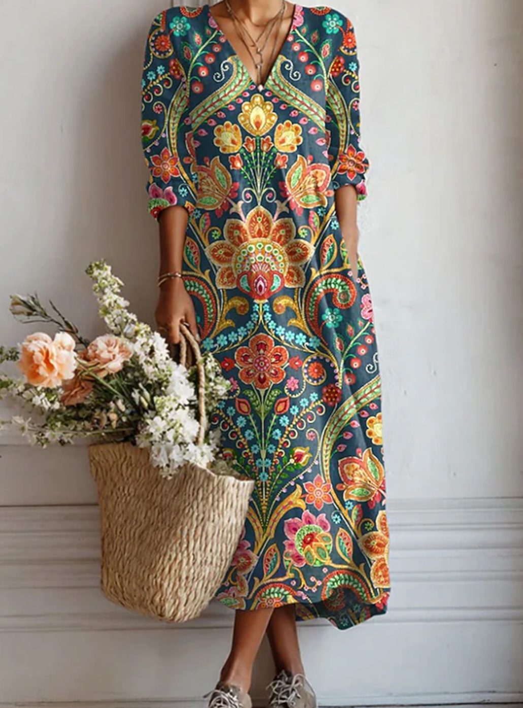 Women's Boho Floral V-Neck Long Sleeve Dress Relaxed Maxi - Multicolor