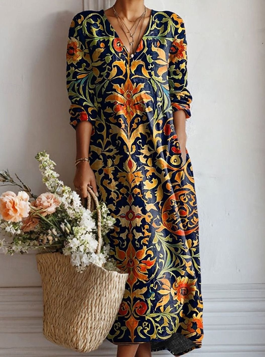 Women's Boho Floral V-Neck Relaxed Long Sleeve Dress - Dress